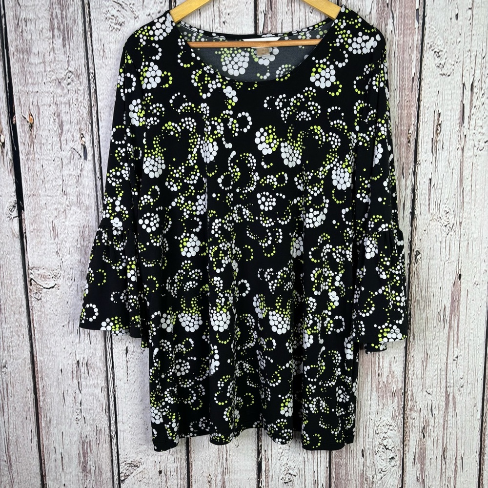 CJ Banks Plus Size 1X Tunic Blouse Black Circle Patterns Stretch Flounce Sleeve